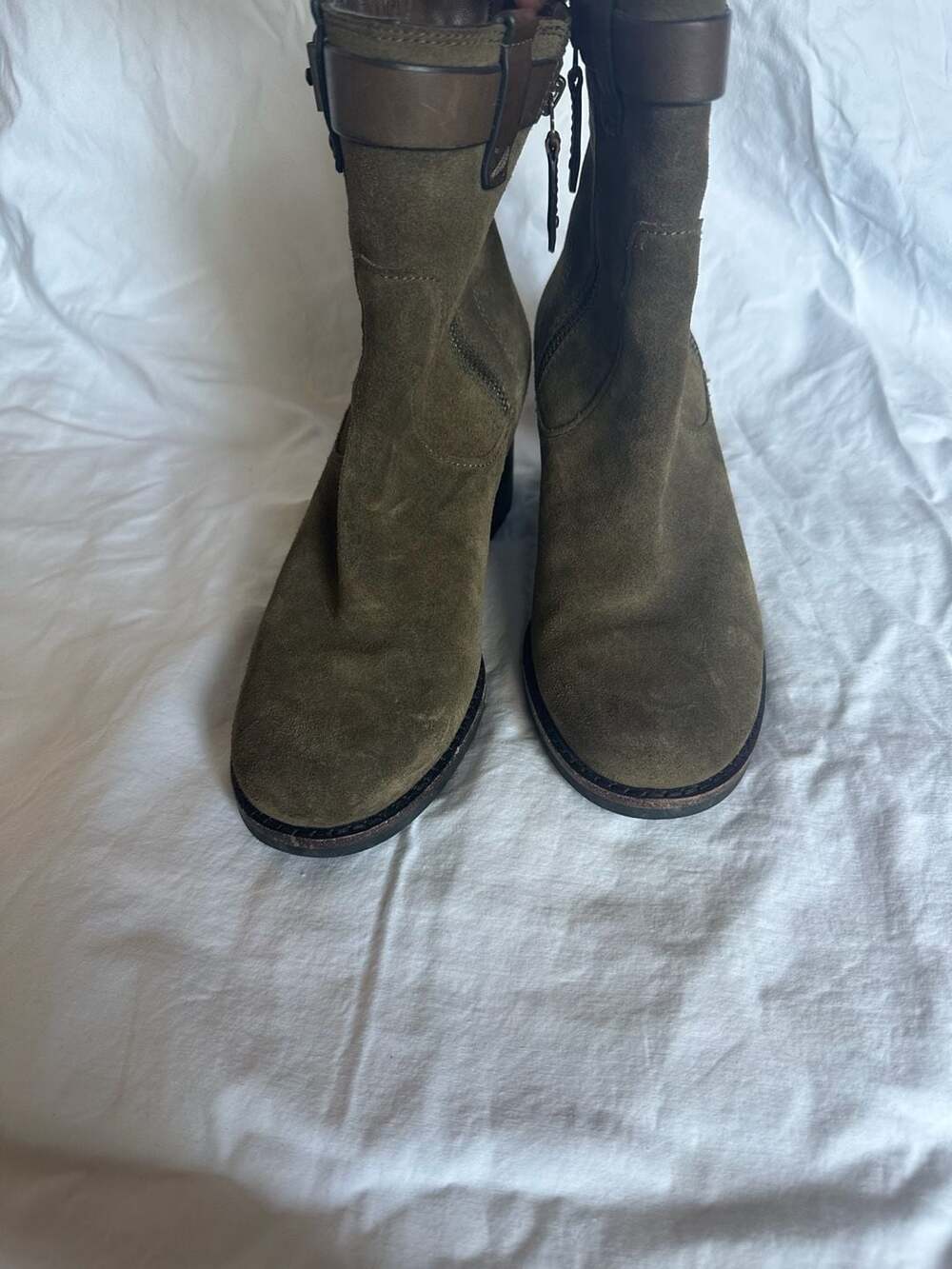 Trask Women's Madison Olive Suede Block Heel Ankle Boots